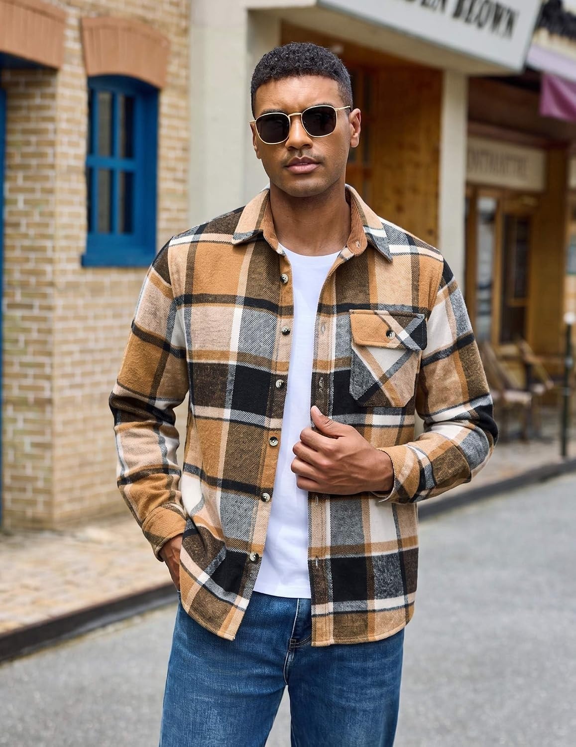 image:imageCOOFANDY Mens Flannel Shirts Long Sleeve Plaid Button Down Shirt JacketKhaki