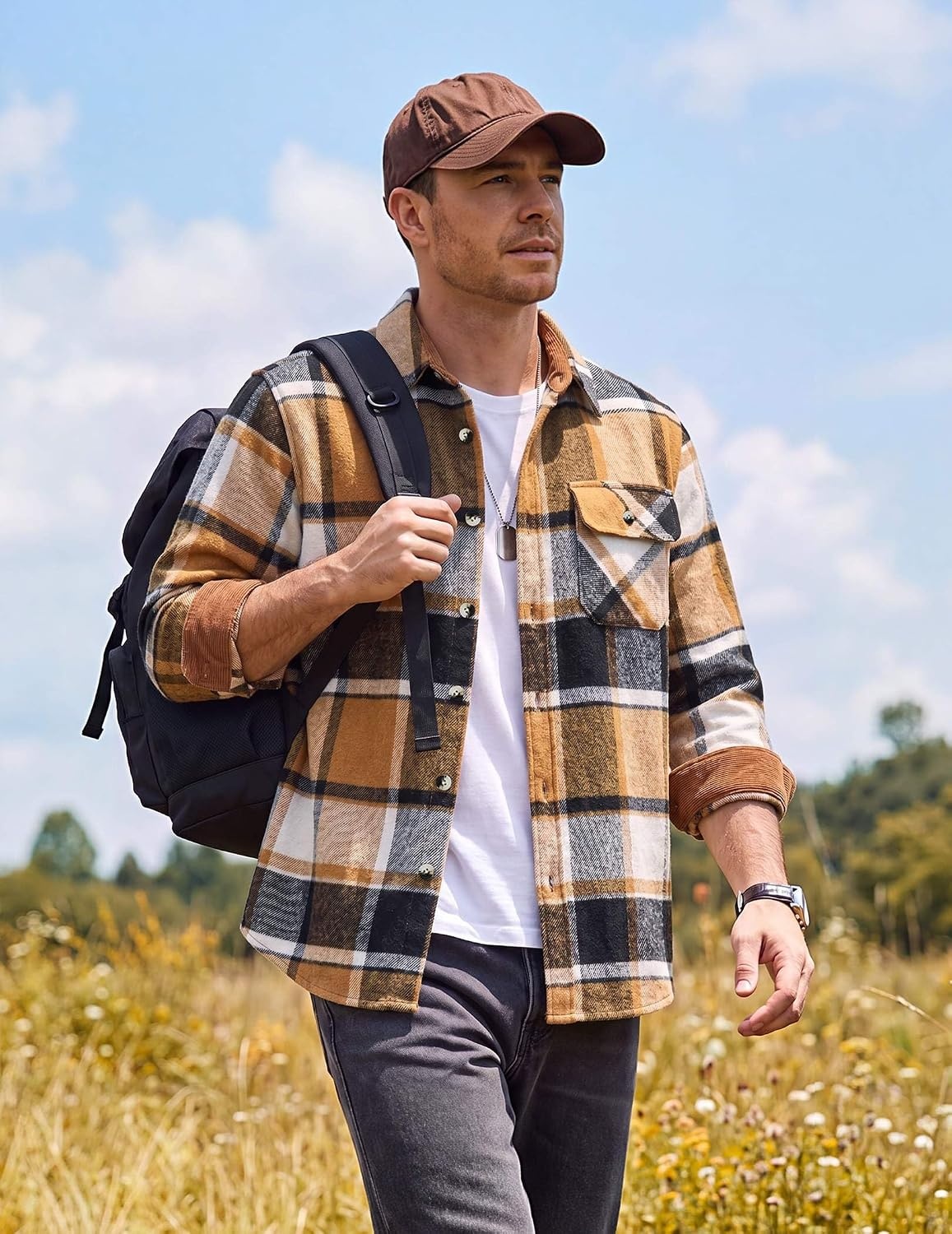 image:imageCOOFANDY Mens Flannel Shirts Long Sleeve Plaid Button Down Shirt JacketKhaki