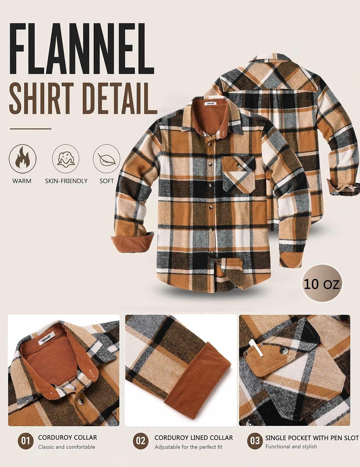 image:imageCOOFANDY Mens Flannel Shirts Long Sleeve Plaid Button Down Shirt JacketKhaki
