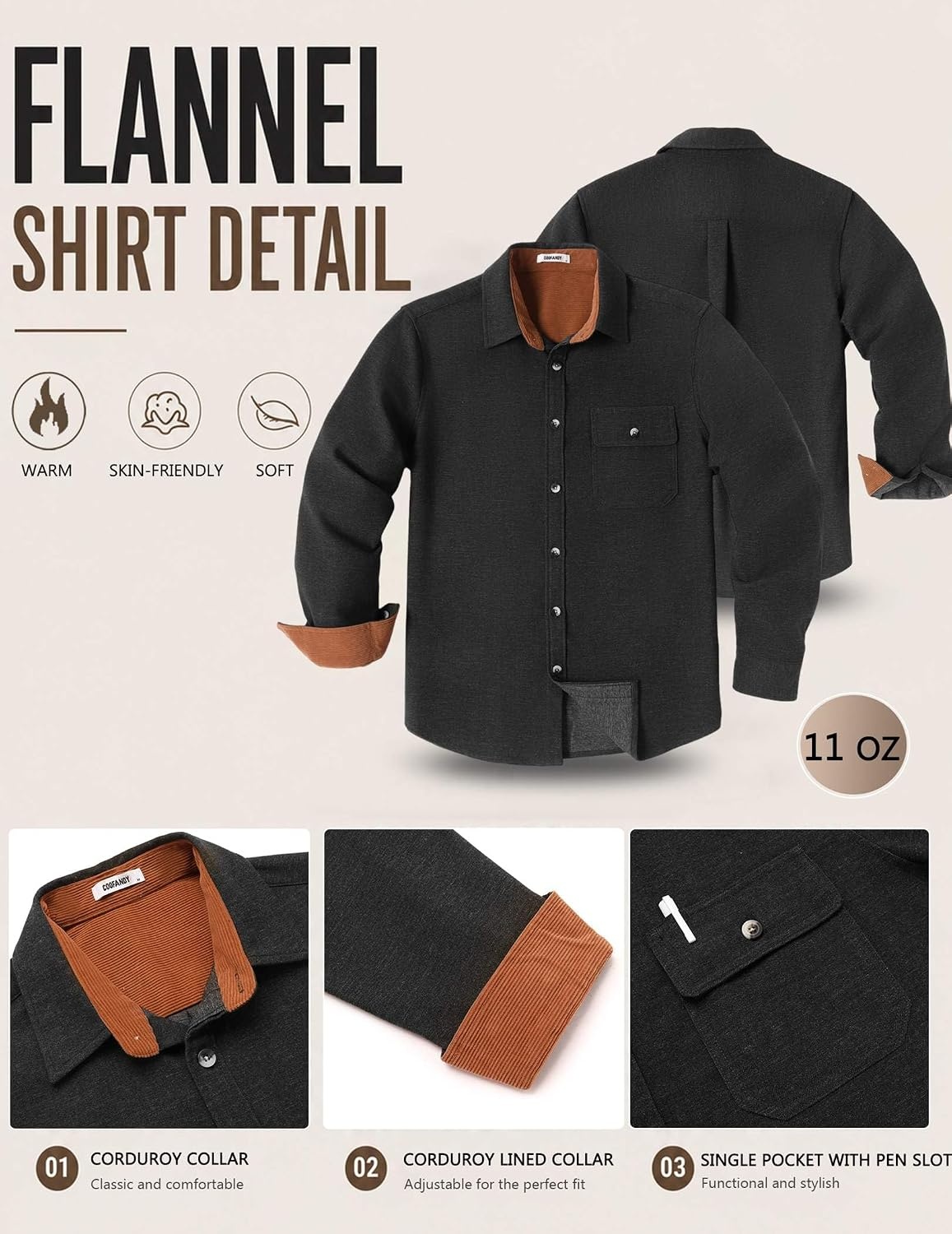 image:imageCOOFANDY Mens Flannel Shirts Long Sleeve Plaid Button Down Shirt JacketSolid Black