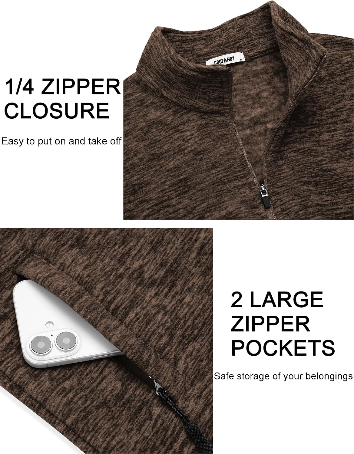 image:imageCOOFANDY Mens Fleece Quarter Zip Pullover Long Sleeve Thermal SweatshirtBrown