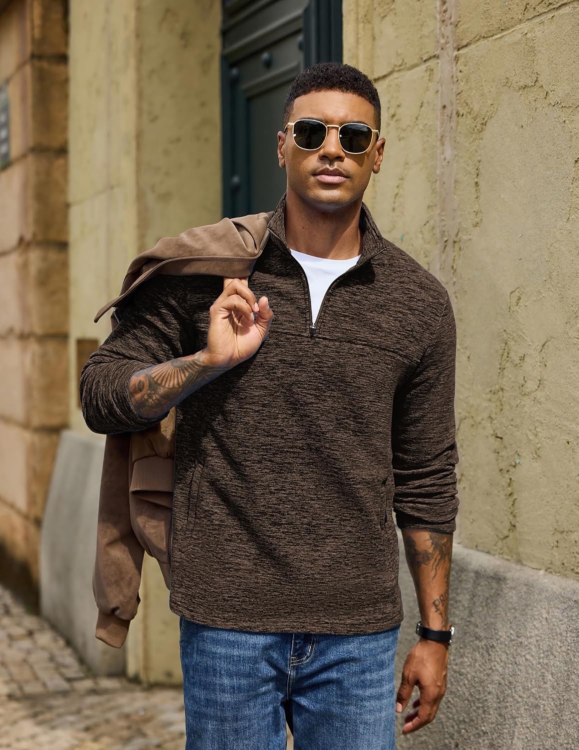 image:imageCOOFANDY Mens Fleece Quarter Zip Pullover Long Sleeve Thermal SweatshirtBrown