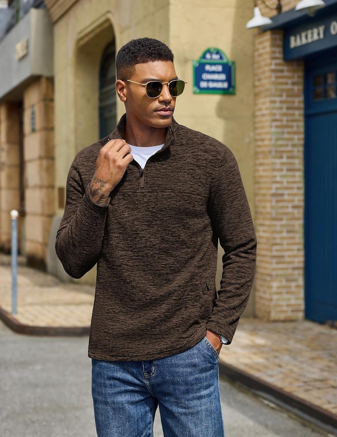 image:imageCOOFANDY Mens Fleece Quarter Zip Pullover Long Sleeve Thermal SweatshirtBrown