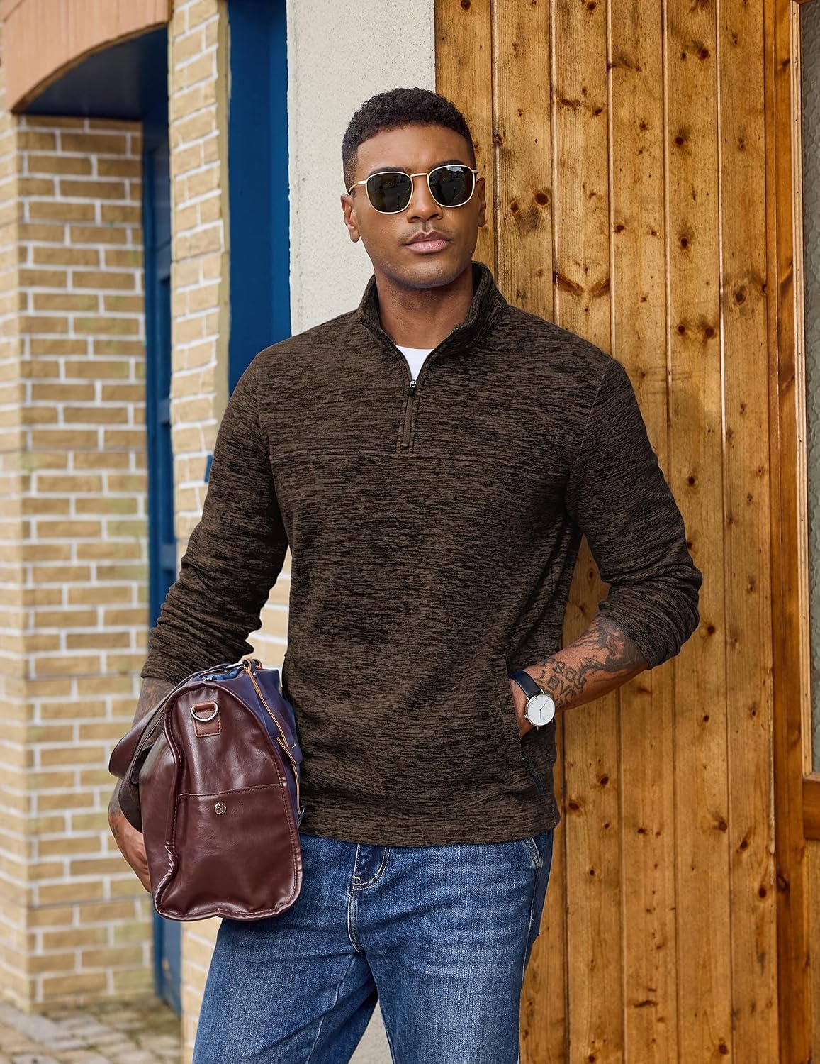 image:imageCOOFANDY Mens Fleece Quarter Zip Pullover Long Sleeve Thermal SweatshirtBrown