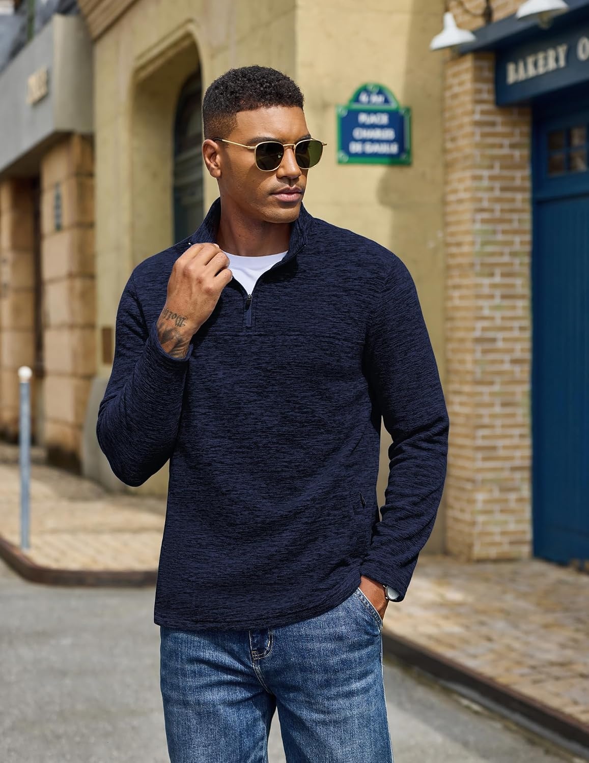 image:imageCOOFANDY Mens Fleece Quarter Zip Pullover Long Sleeve Thermal SweatshirtDark Blue