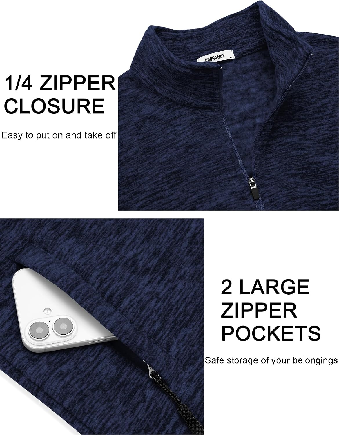 image:imageCOOFANDY Mens Fleece Quarter Zip Pullover Long Sleeve Thermal SweatshirtDark Blue