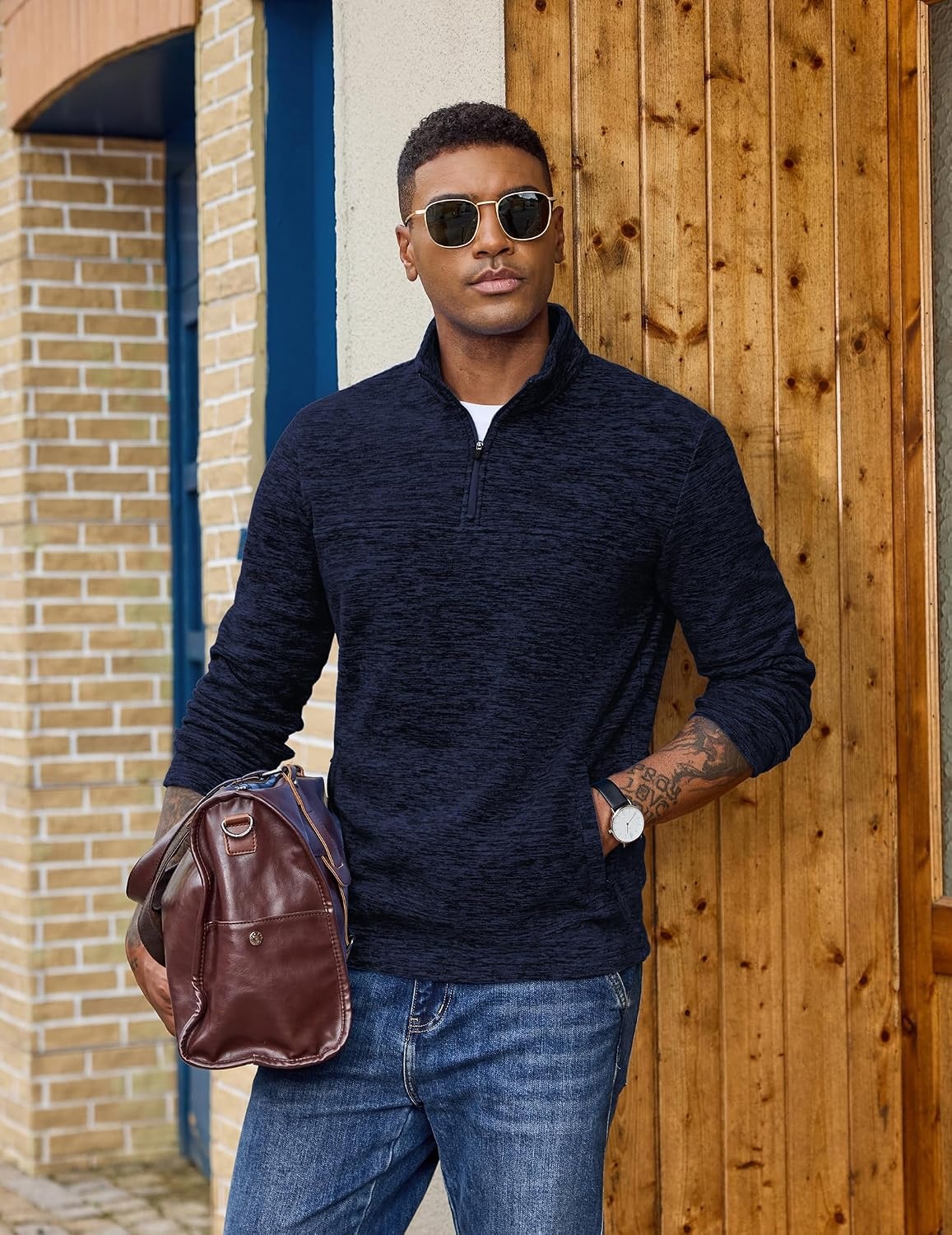 image:imageCOOFANDY Mens Fleece Quarter Zip Pullover Long Sleeve Thermal SweatshirtDark Blue