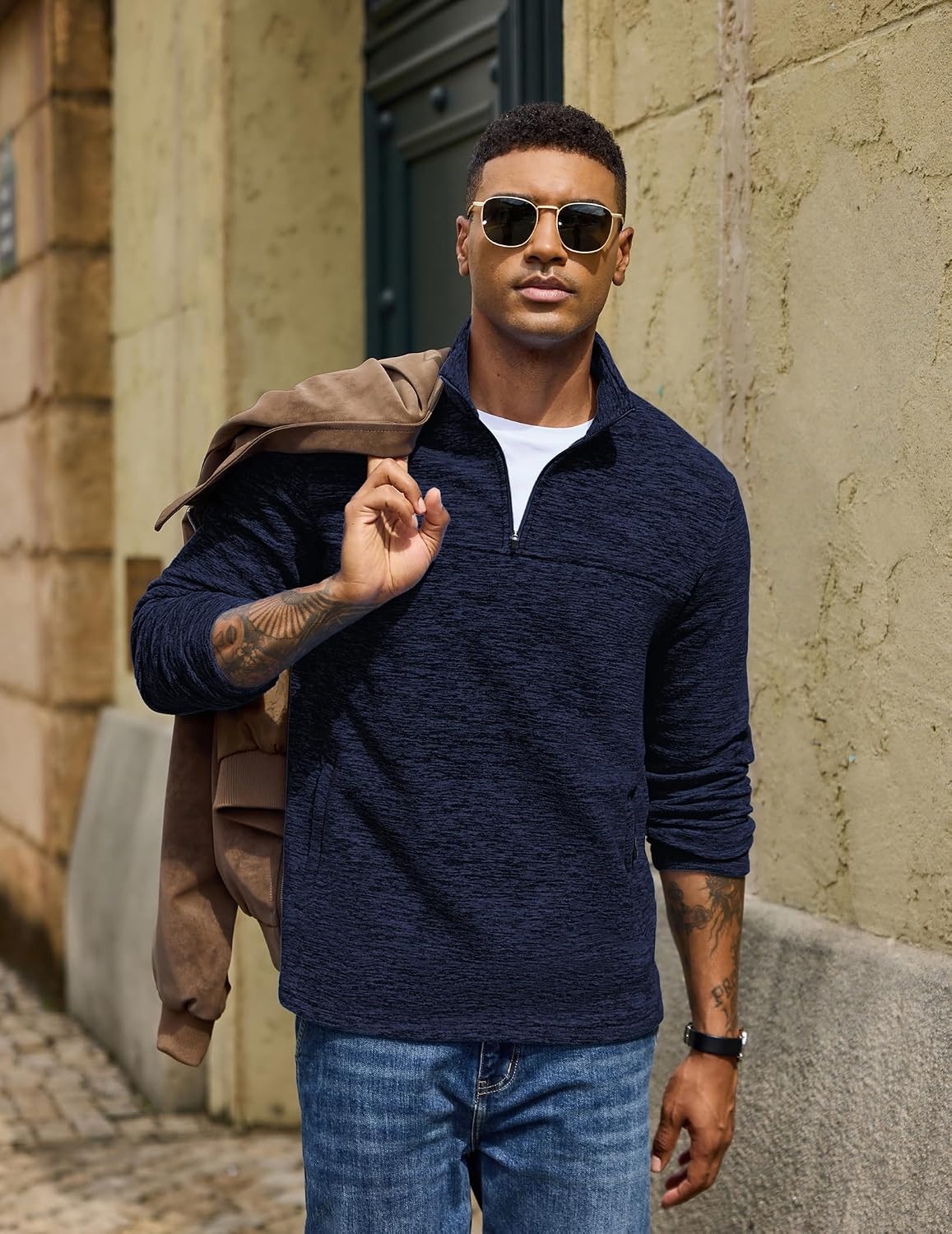 image:imageCOOFANDY Mens Fleece Quarter Zip Pullover Long Sleeve Thermal SweatshirtDark Blue