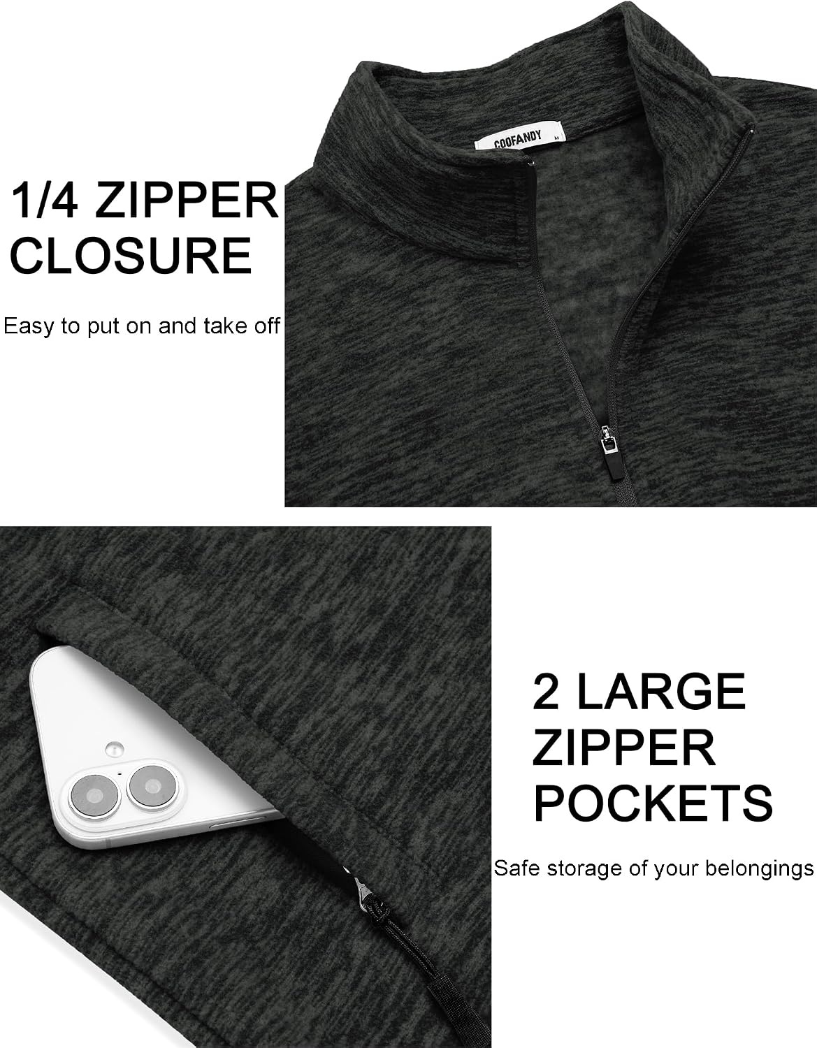 image:imageCOOFANDY Mens Fleece Quarter Zip Pullover Long Sleeve Thermal SweatshirtDark Gray