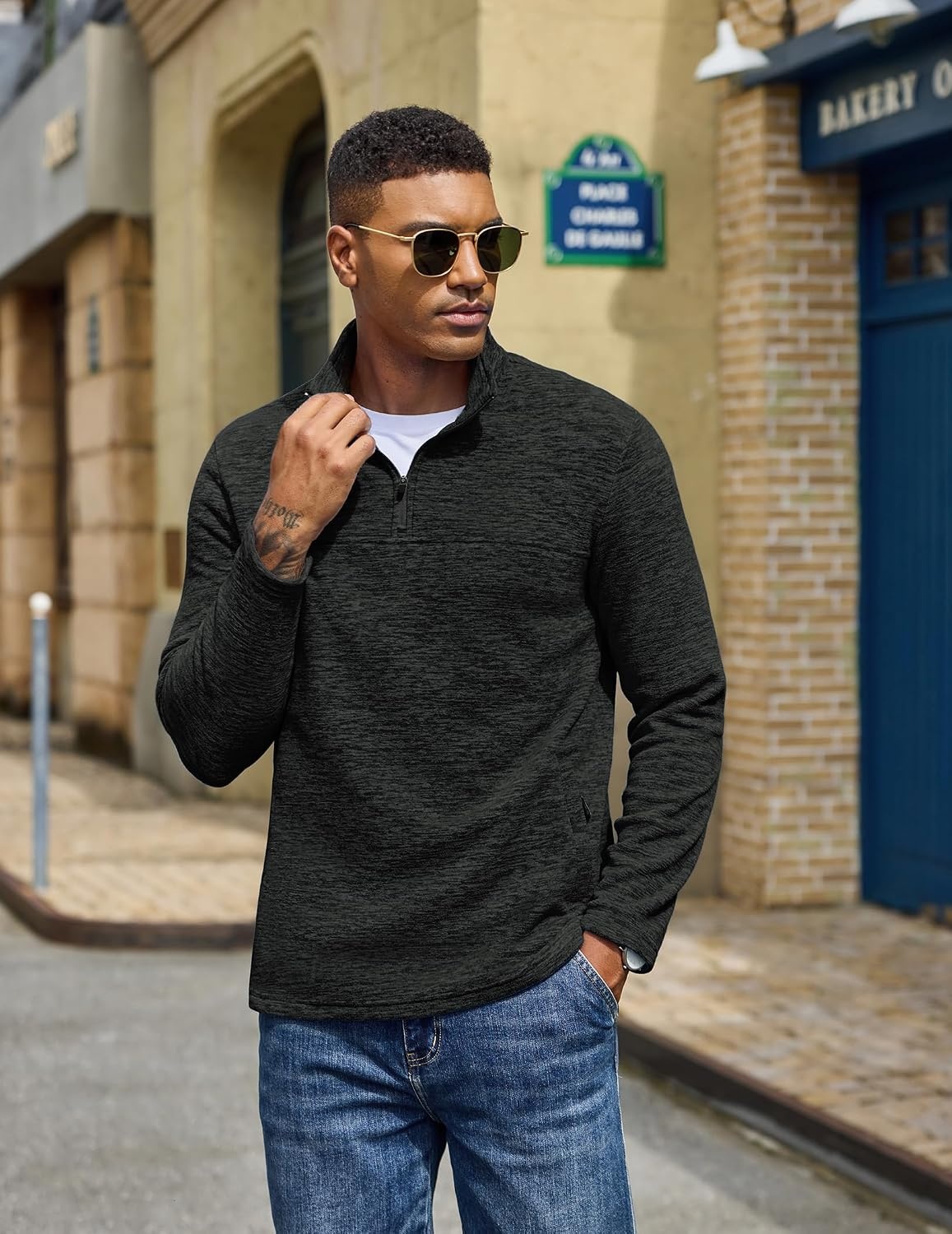 image:imageCOOFANDY Mens Fleece Quarter Zip Pullover Long Sleeve Thermal SweatshirtDark Gray