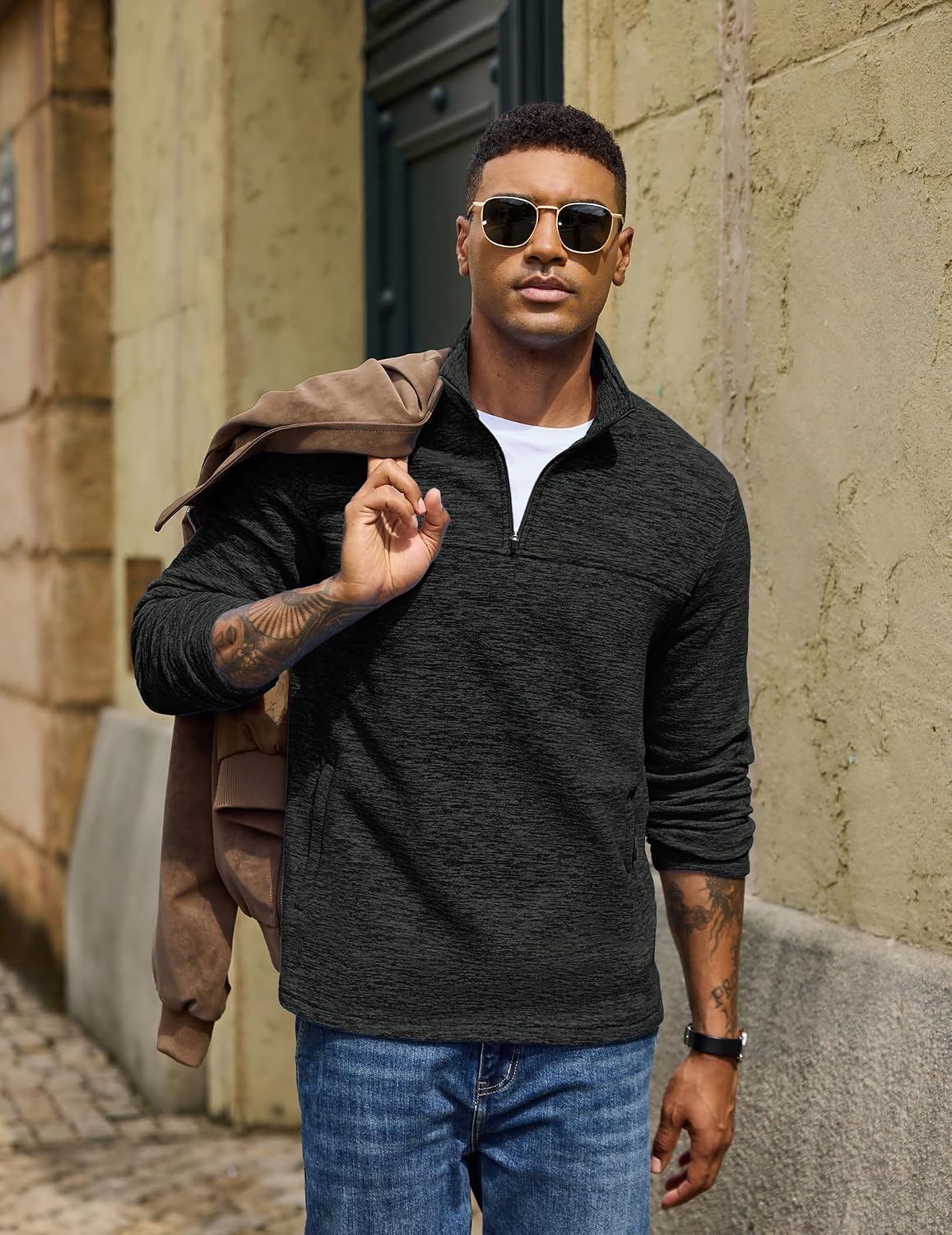 image:imageCOOFANDY Mens Fleece Quarter Zip Pullover Long Sleeve Thermal SweatshirtDark Gray