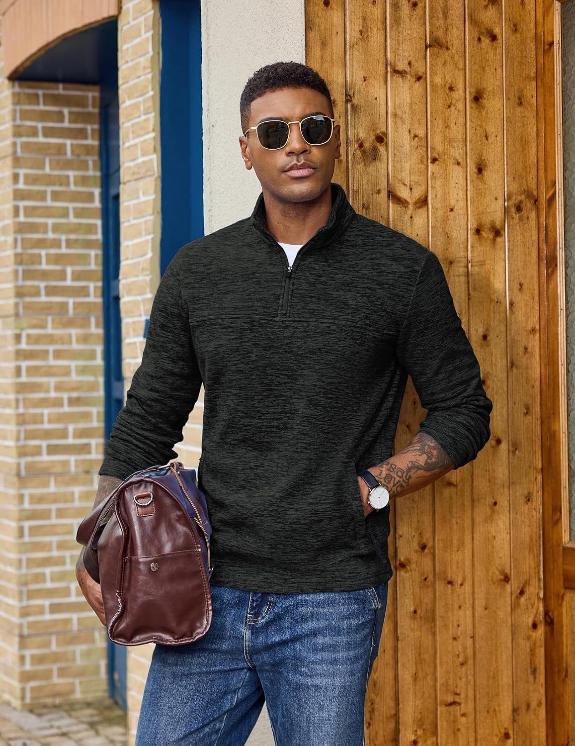 image:imageCOOFANDY Mens Fleece Quarter Zip Pullover Long Sleeve Thermal SweatshirtDark Gray