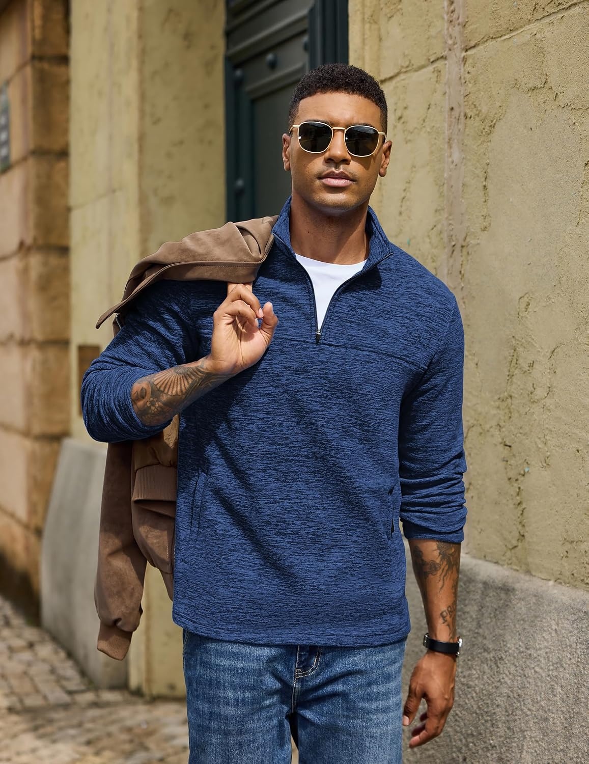 image:imageCOOFANDY Mens Fleece Quarter Zip Pullover Long Sleeve Thermal SweatshirtDenim Blue