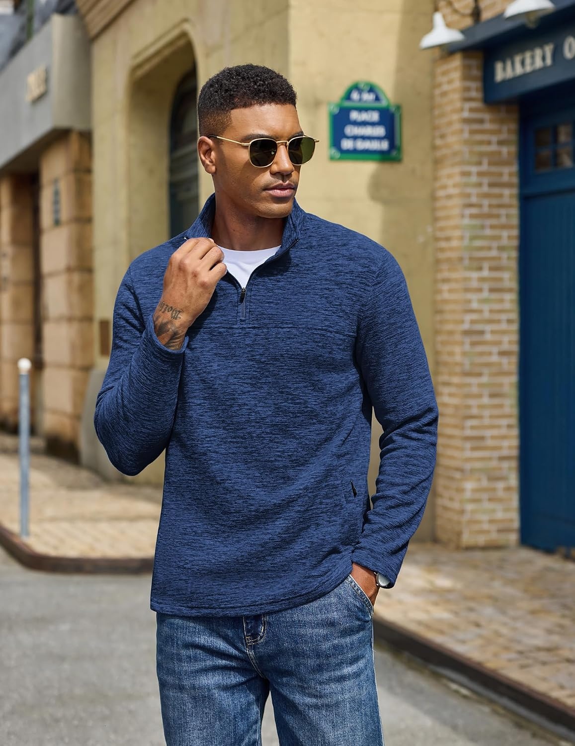 image:imageCOOFANDY Mens Fleece Quarter Zip Pullover Long Sleeve Thermal SweatshirtDenim Blue