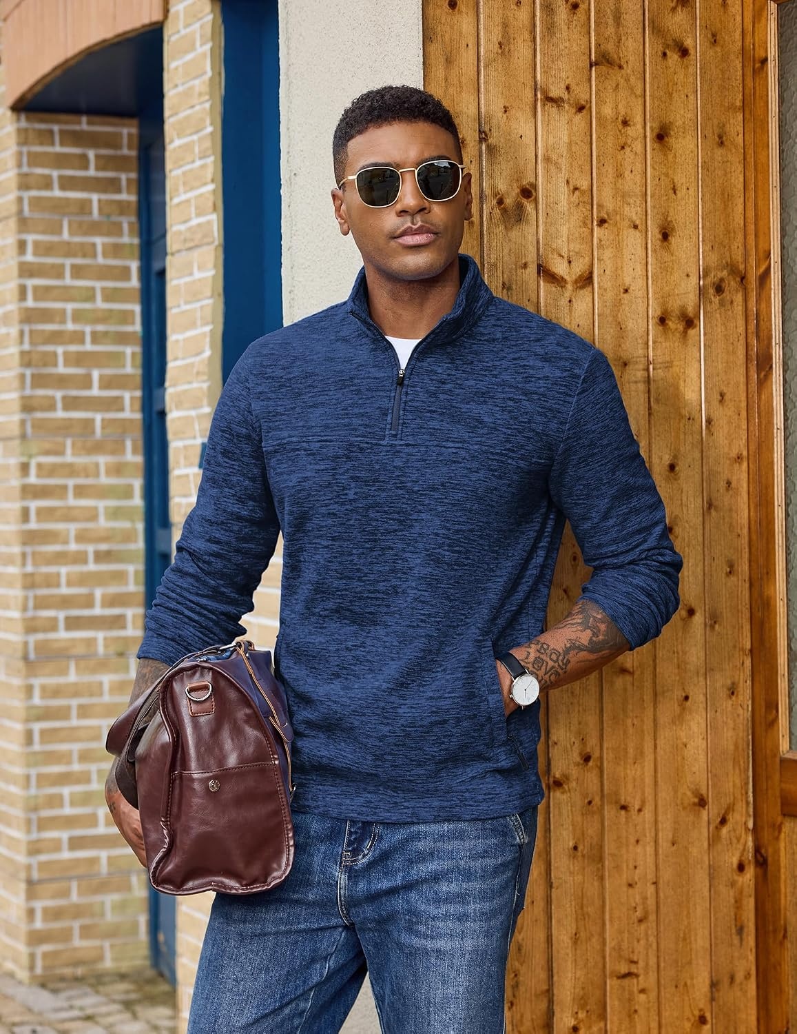 image:imageCOOFANDY Mens Fleece Quarter Zip Pullover Long Sleeve Thermal SweatshirtDenim Blue