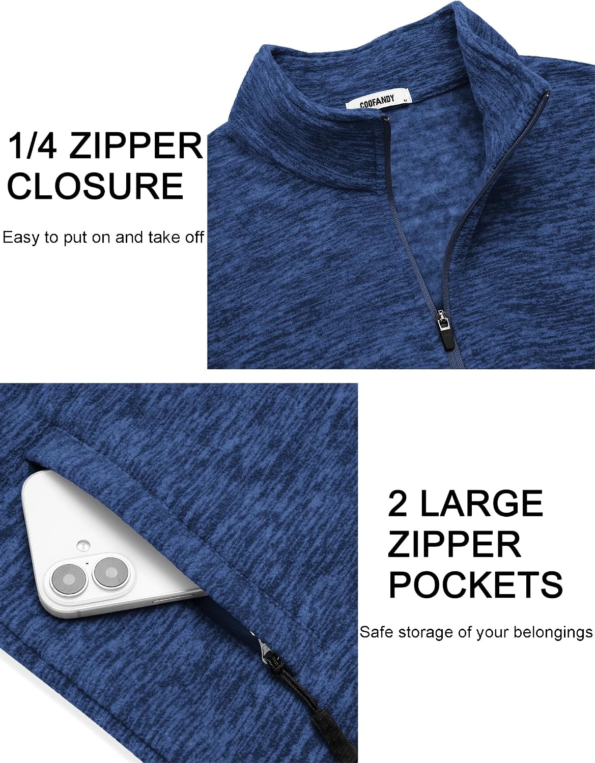 image:imageCOOFANDY Mens Fleece Quarter Zip Pullover Long Sleeve Thermal SweatshirtDenim Blue