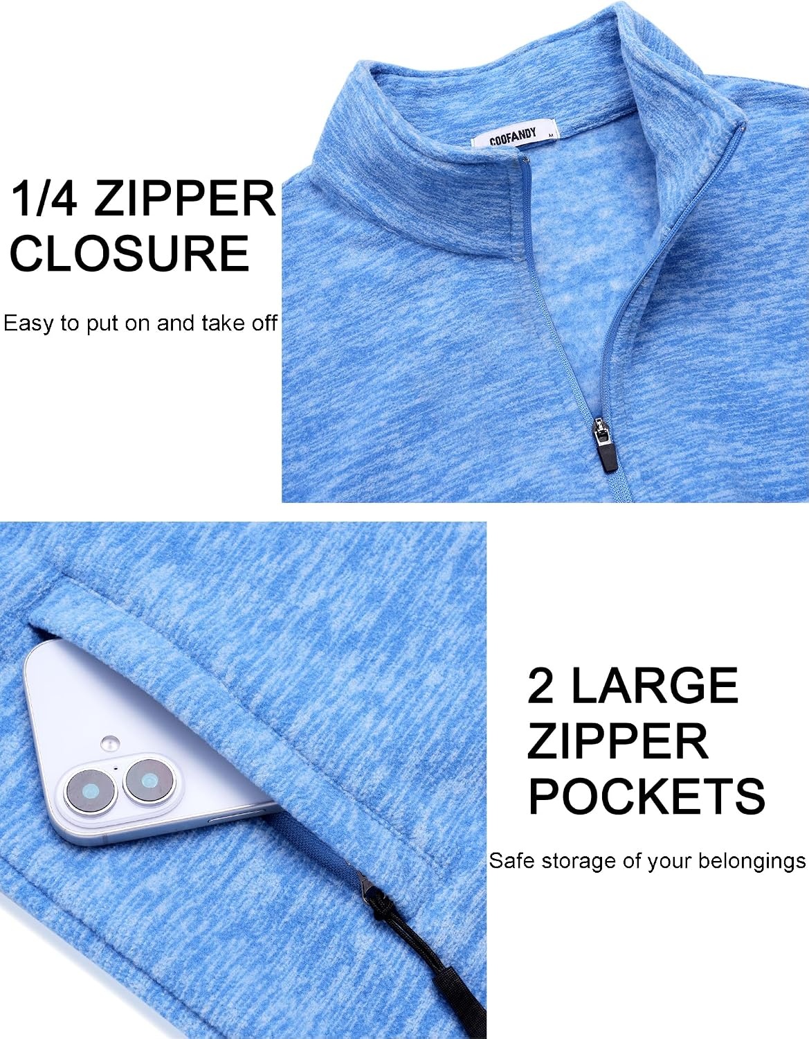 image:imageCOOFANDY Mens Fleece Quarter Zip Pullover Long Sleeve Thermal SweatshirtLight Blue