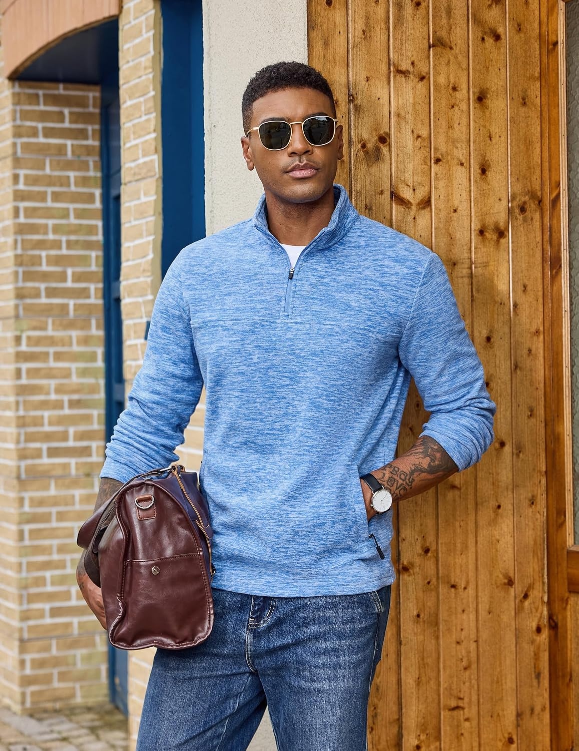 image:imageCOOFANDY Mens Fleece Quarter Zip Pullover Long Sleeve Thermal SweatshirtLight Blue