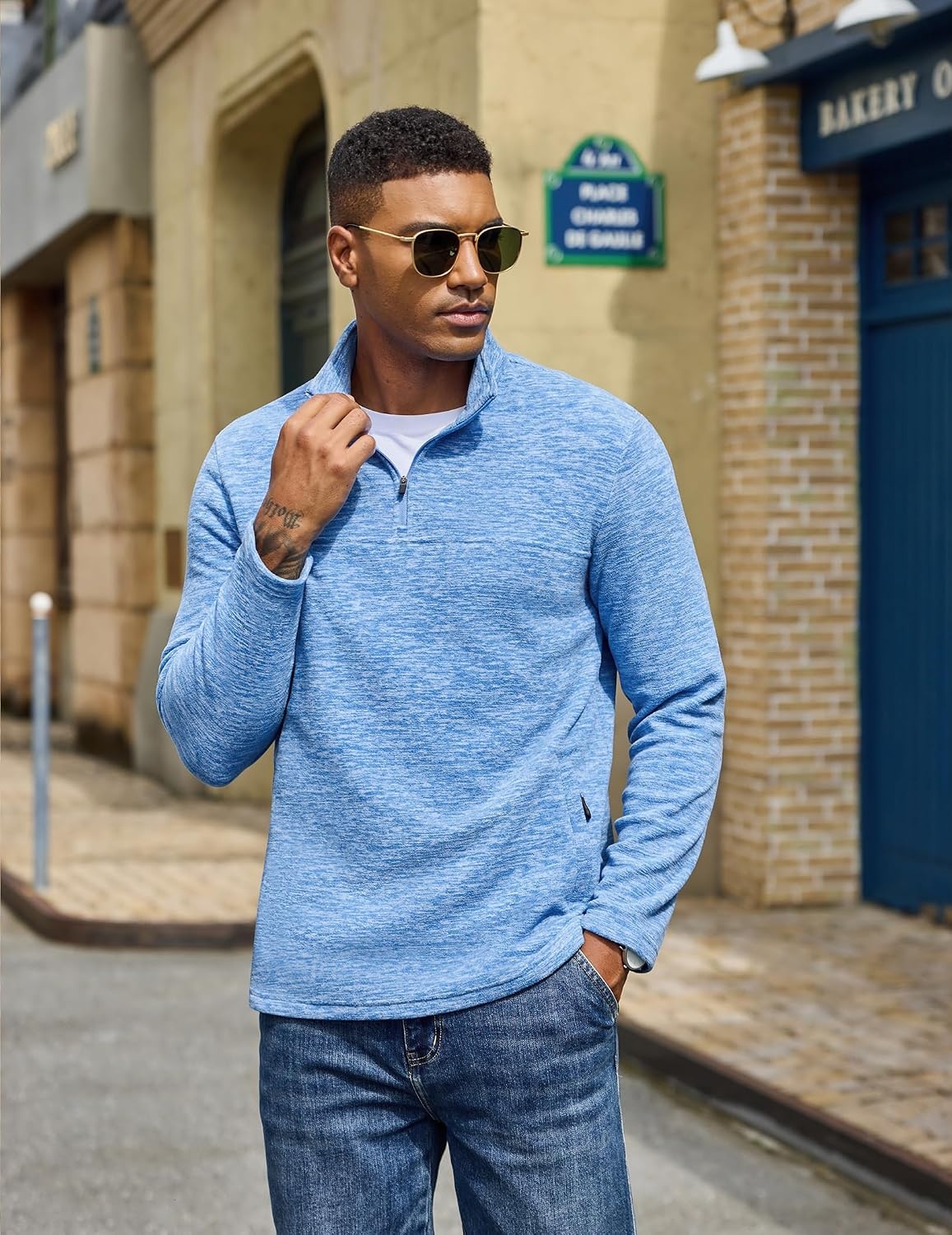 image:imageCOOFANDY Mens Fleece Quarter Zip Pullover Long Sleeve Thermal SweatshirtLight Blue