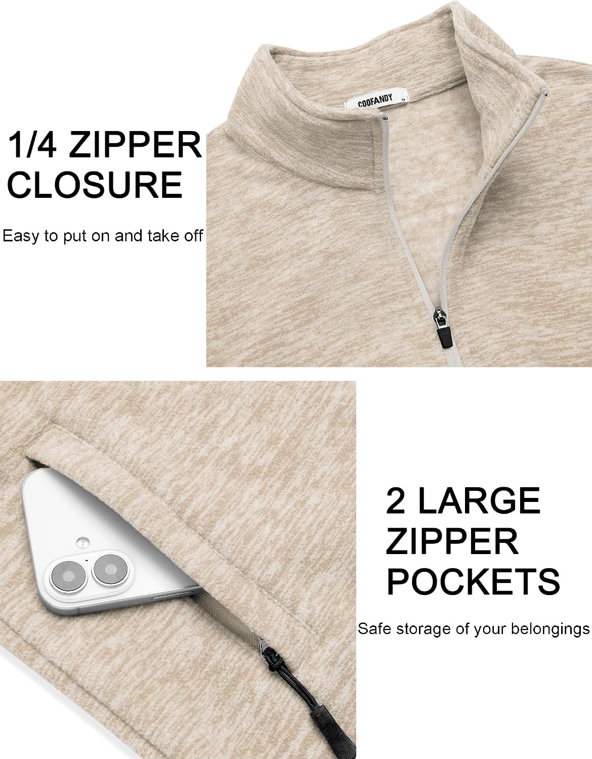 image:imageCOOFANDY Mens Fleece Quarter Zip Pullover Long Sleeve Thermal SweatshirtLight Khaki