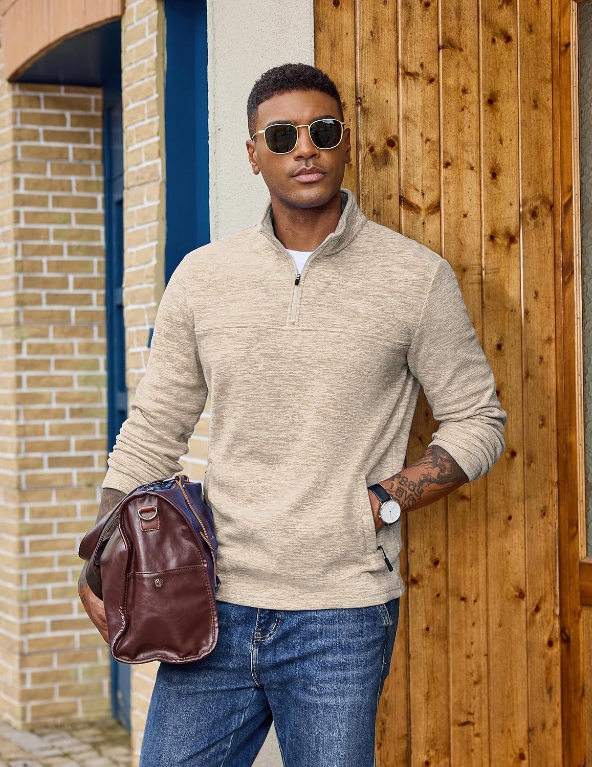 image:imageCOOFANDY Mens Fleece Quarter Zip Pullover Long Sleeve Thermal SweatshirtLight Khaki