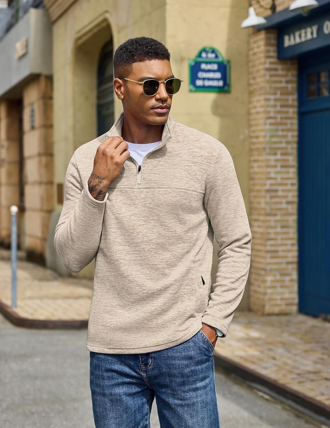 image:imageCOOFANDY Mens Fleece Quarter Zip Pullover Long Sleeve Thermal SweatshirtLight Khaki