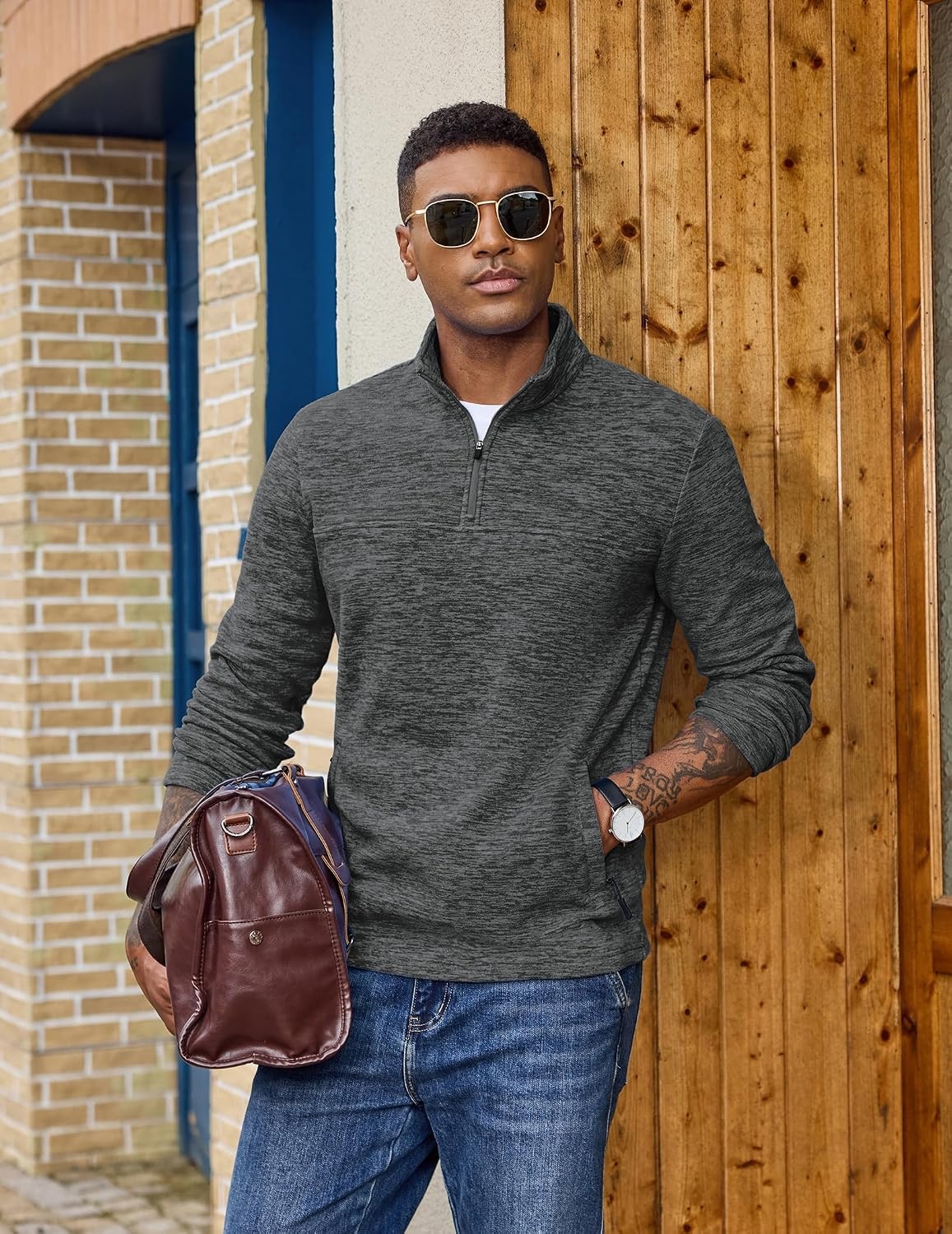 image:imageCOOFANDY Mens Fleece Quarter Zip Pullover Long Sleeve Thermal SweatshirtMedium Gray