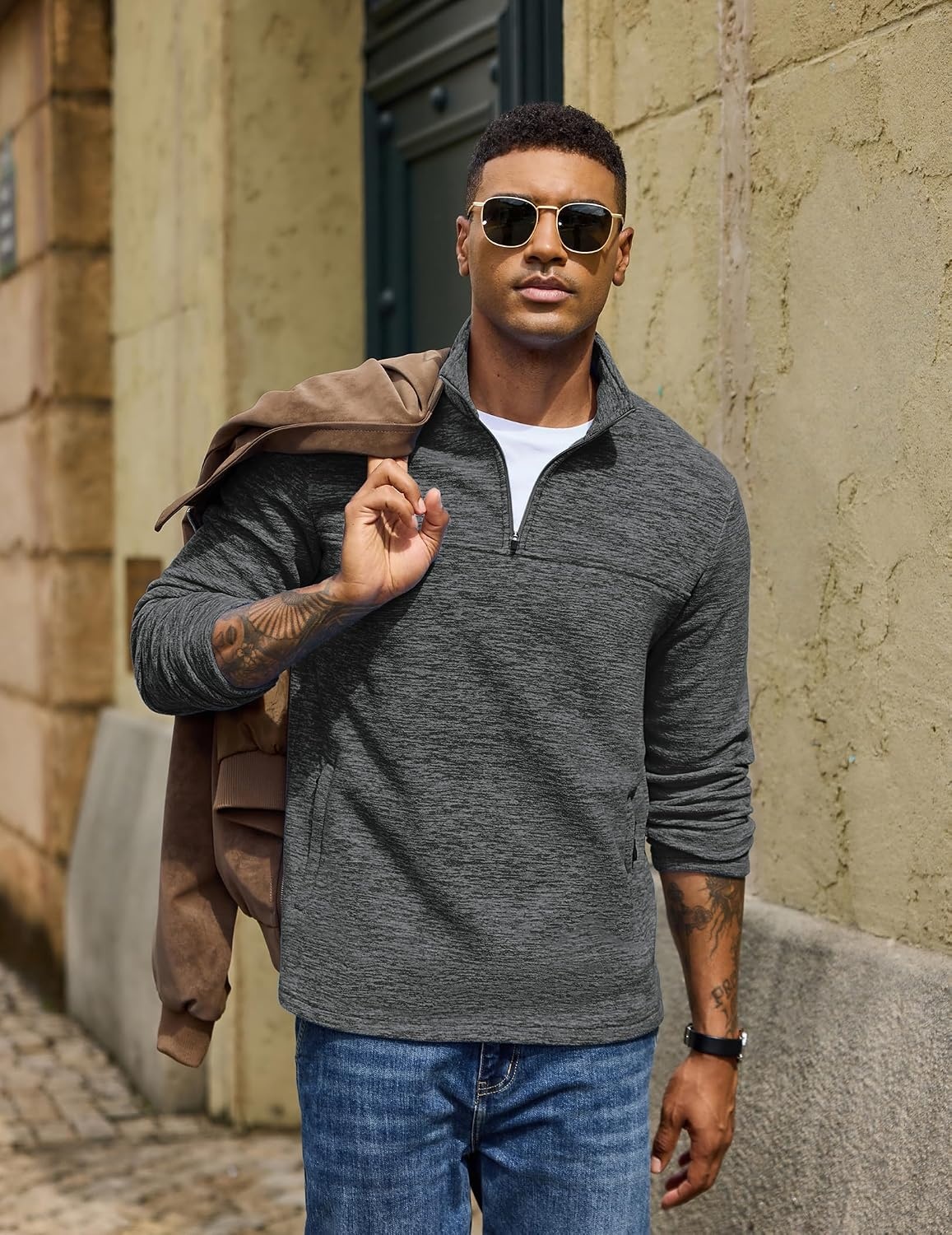 image:imageCOOFANDY Mens Fleece Quarter Zip Pullover Long Sleeve Thermal SweatshirtMedium Gray