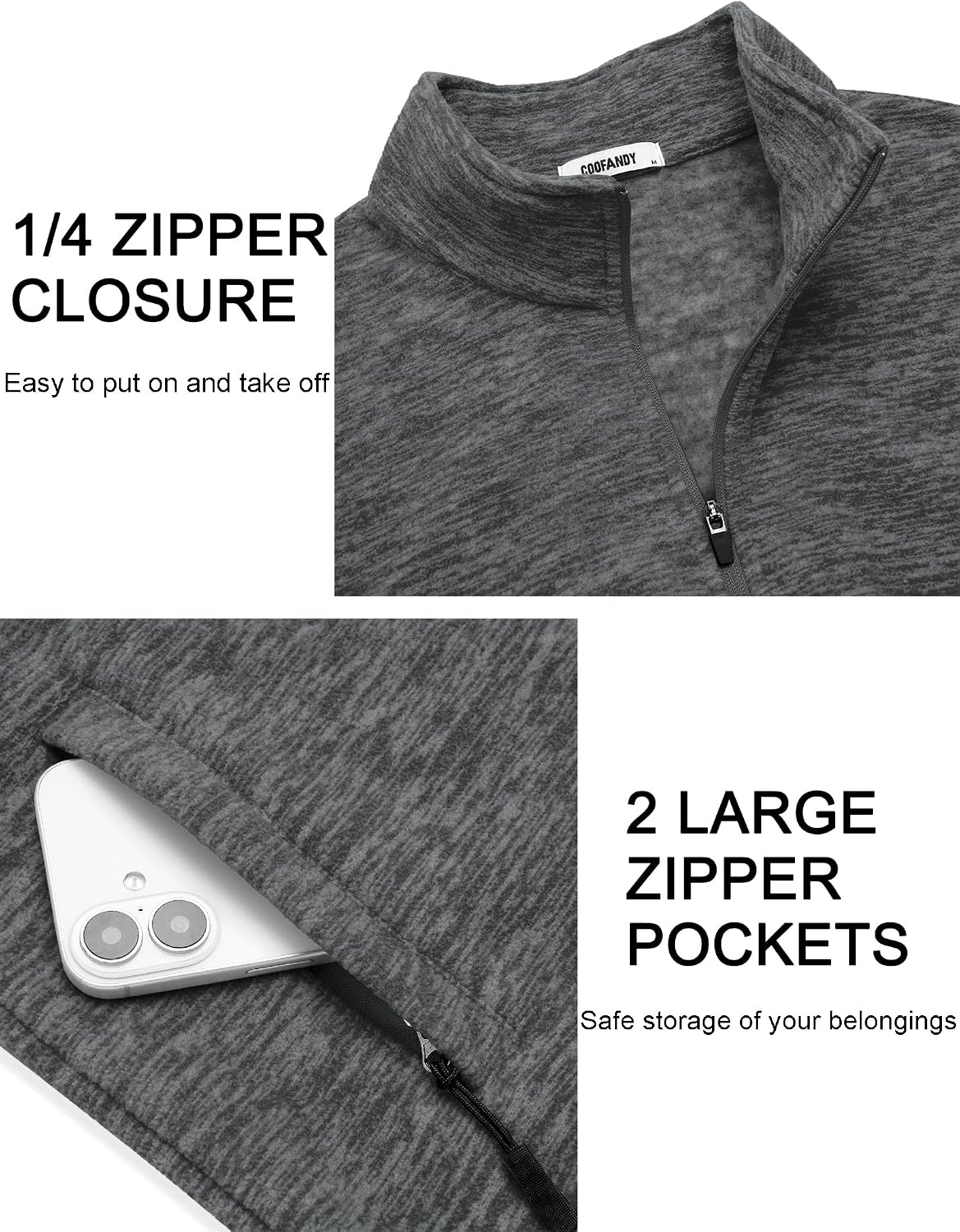 image:imageCOOFANDY Mens Fleece Quarter Zip Pullover Long Sleeve Thermal SweatshirtMedium Gray