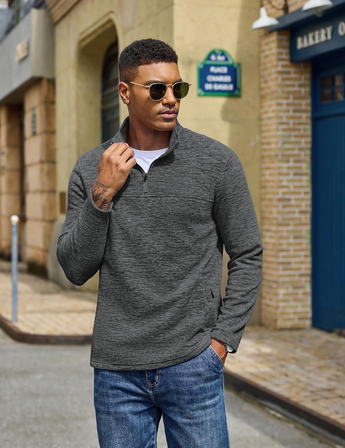 image:imageCOOFANDY Mens Fleece Quarter Zip Pullover Long Sleeve Thermal SweatshirtMedium Gray
