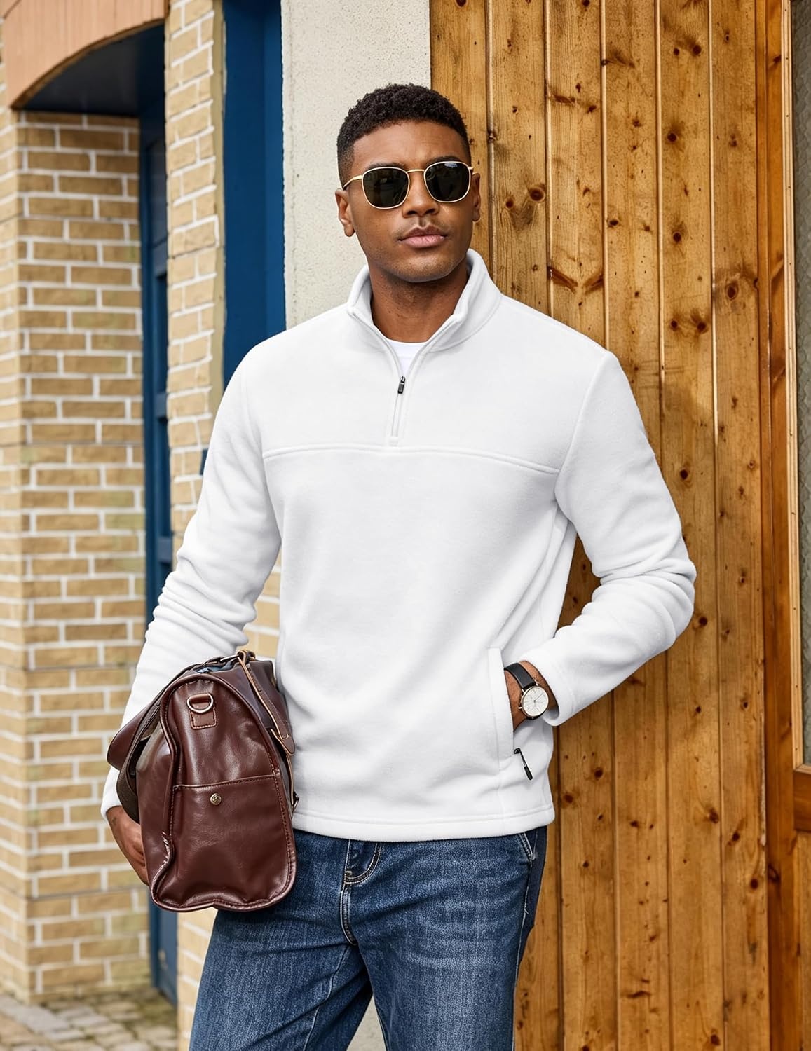 image:imageCOOFANDY Mens Fleece Quarter Zip Pullover Long Sleeve Thermal SweatshirtWhite