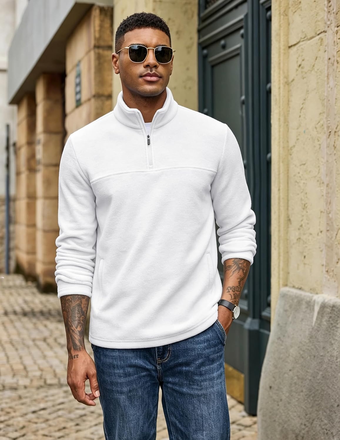 image:imageCOOFANDY Mens Fleece Quarter Zip Pullover Long Sleeve Thermal SweatshirtWhite