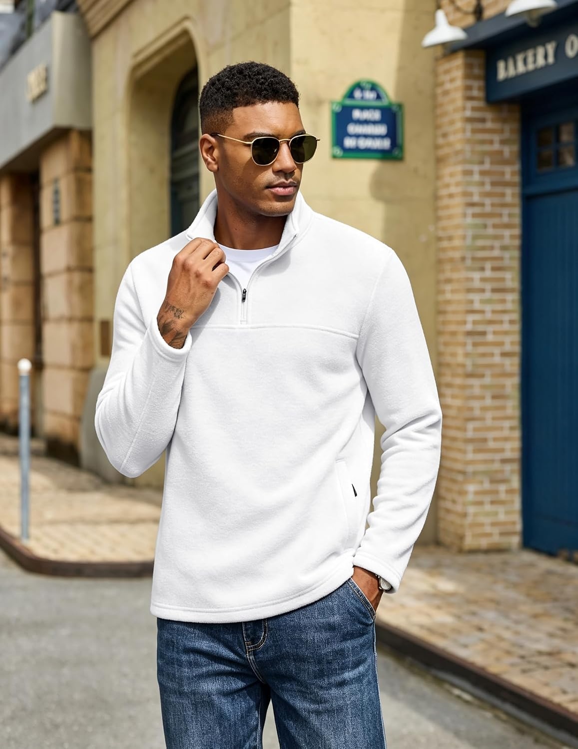 image:imageCOOFANDY Mens Fleece Quarter Zip Pullover Long Sleeve Thermal SweatshirtWhite