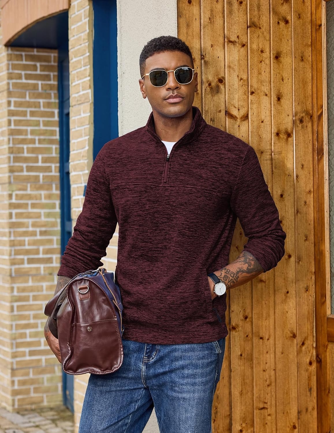 image:imageCOOFANDY Mens Fleece Quarter Zip Pullover Long Sleeve Thermal SweatshirtWine Red