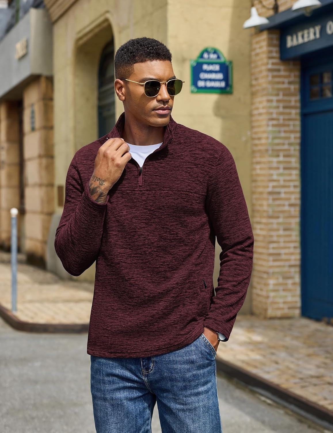 image:imageCOOFANDY Mens Fleece Quarter Zip Pullover Long Sleeve Thermal SweatshirtWine Red
