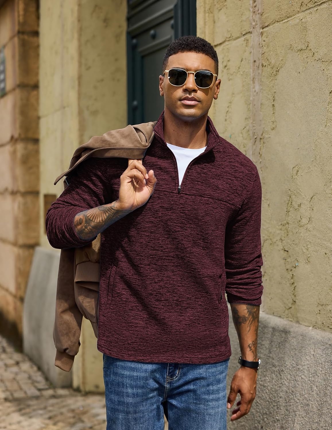 image:imageCOOFANDY Mens Fleece Quarter Zip Pullover Long Sleeve Thermal SweatshirtWine Red
