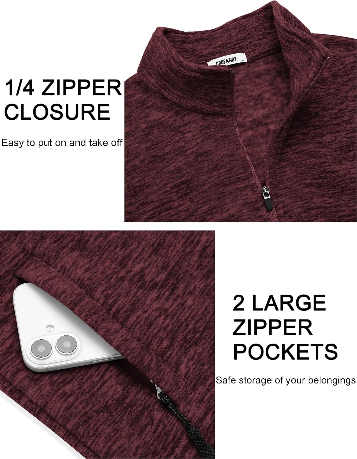 image:imageCOOFANDY Mens Fleece Quarter Zip Pullover Long Sleeve Thermal SweatshirtWine Red