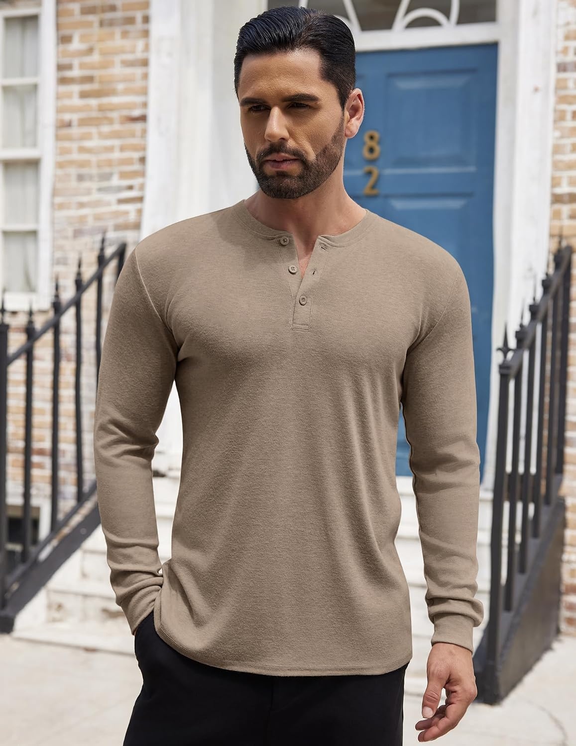 image:imageCOOFANDY Mens Henley Shirts Long Sleeve Button TShirt Lightweight Fashion Casual Pullover ShirtDark Khaki
