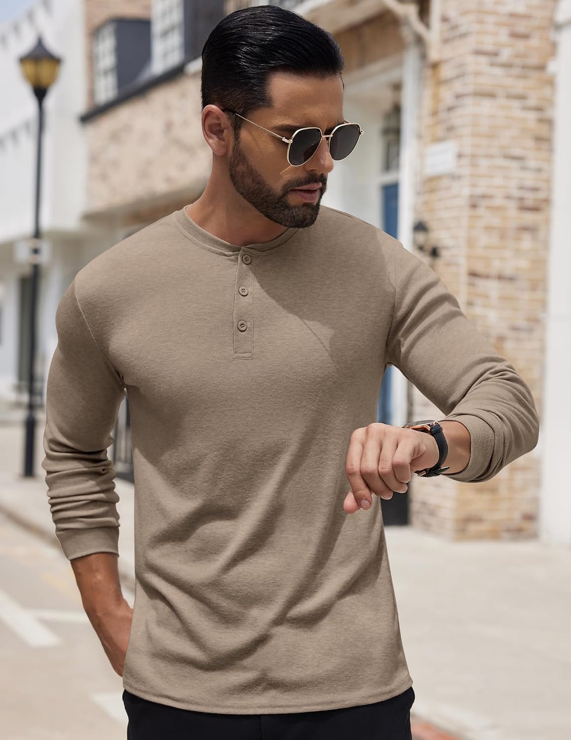 image:imageCOOFANDY Mens Henley Shirts Long Sleeve Button TShirt Lightweight Fashion Casual Pullover ShirtDark Khaki