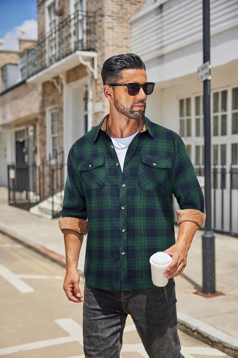 image:imageCOOFANDY Mens Lightweight Flannel Long Sleeve Casual Work Plaid ShirtsPlaidgreen