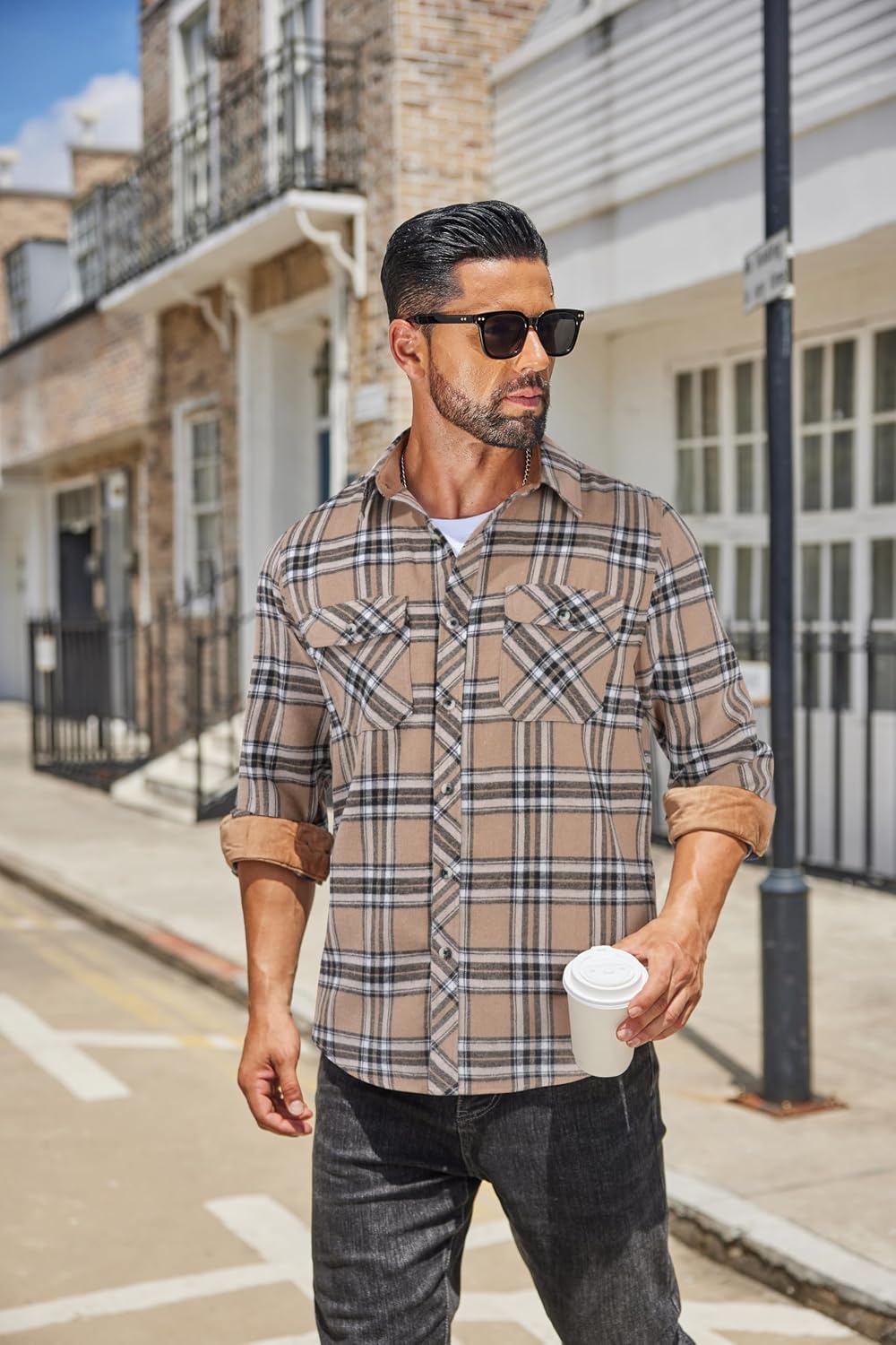 image:imageCOOFANDY Mens Lightweight Flannel Long Sleeve Casual Work Plaid ShirtsPlaidkhaki