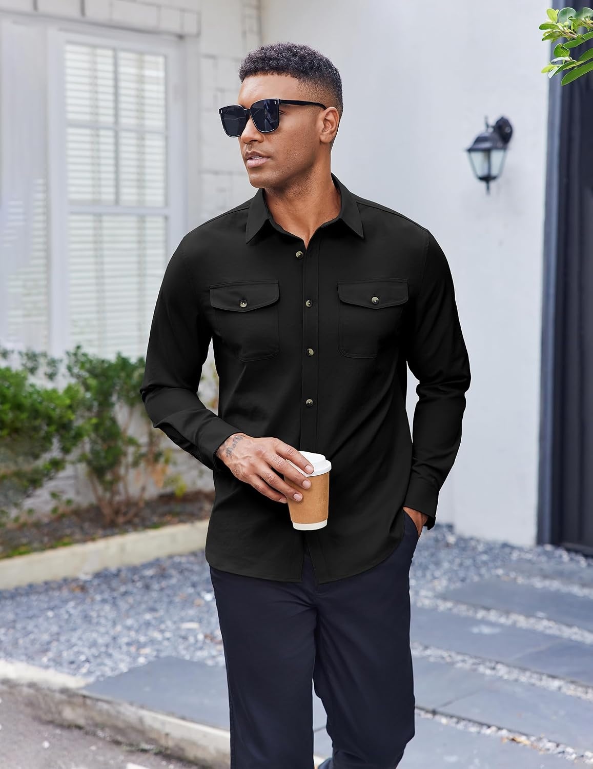 image:imageCOOFANDY Mens Long Sleeve Button Down Work Shirt with Flap PocketsBlack