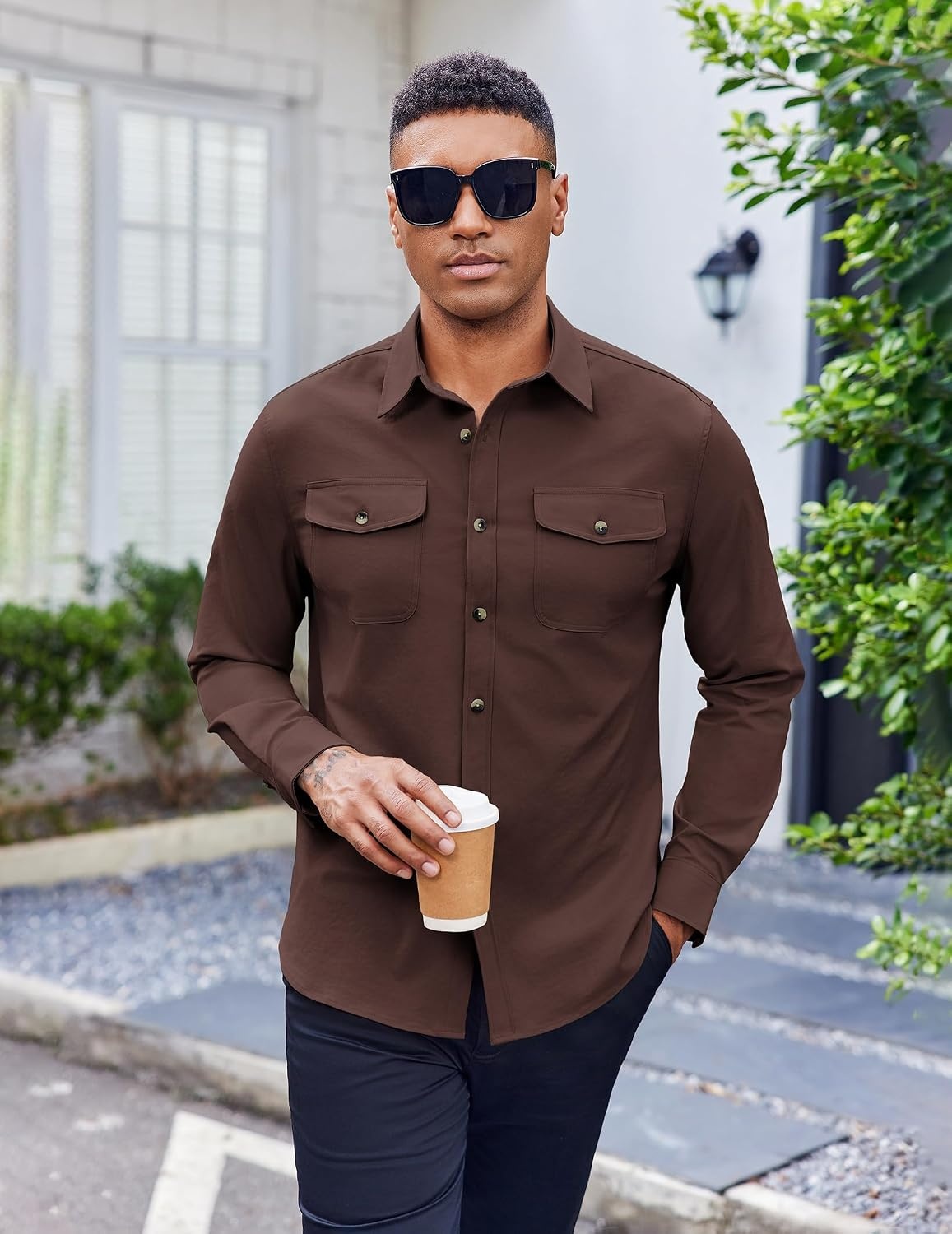 image:imageCOOFANDY Mens Long Sleeve Button Down Work Shirt with Flap PocketsBrown