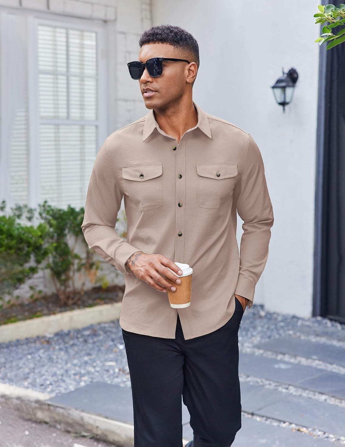 image:imageCOOFANDY Mens Long Sleeve Button Down Work Shirt with Flap PocketsChampagne