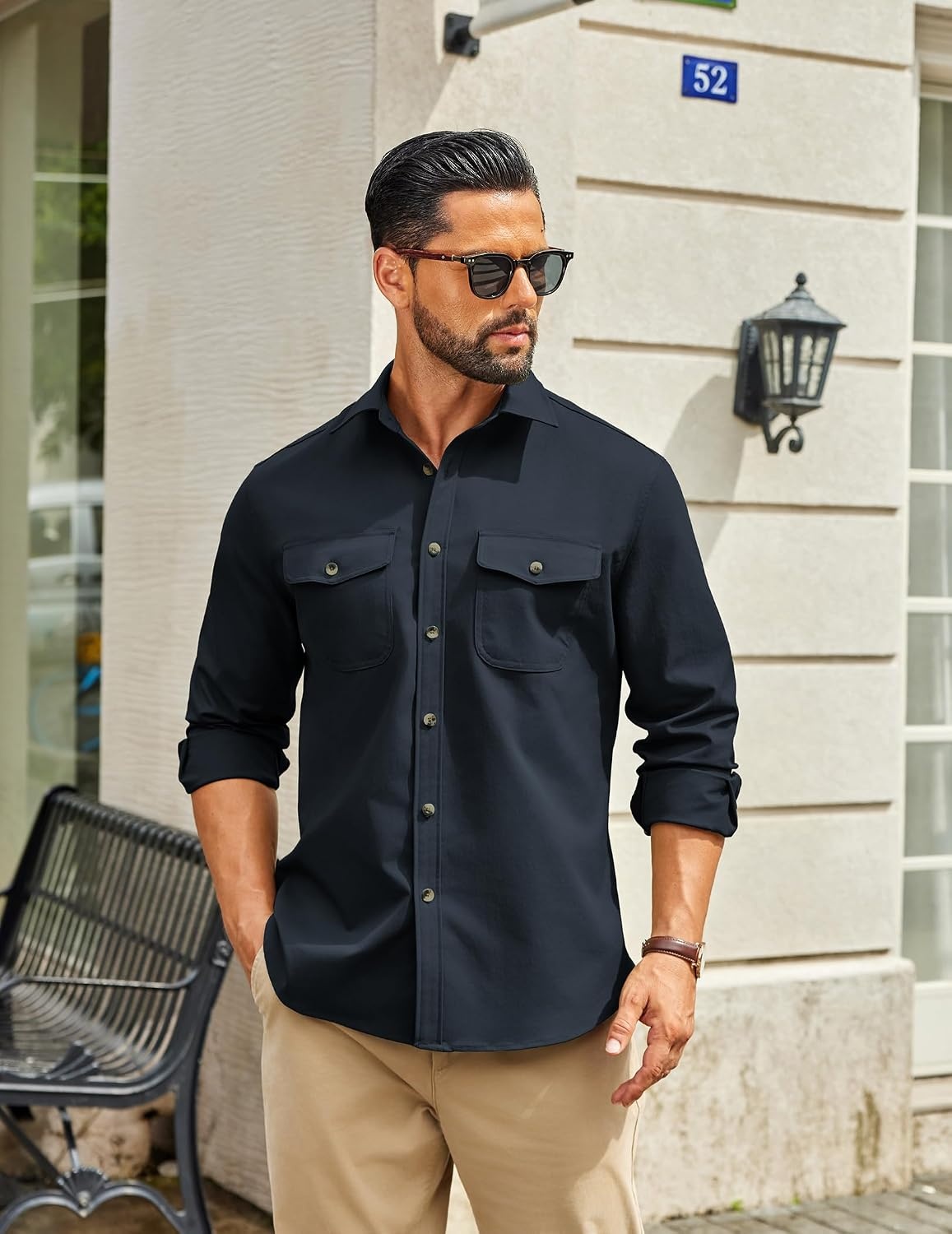 image:imageCOOFANDY Mens Long Sleeve Button Down Work Shirt with Flap PocketsDark Blue