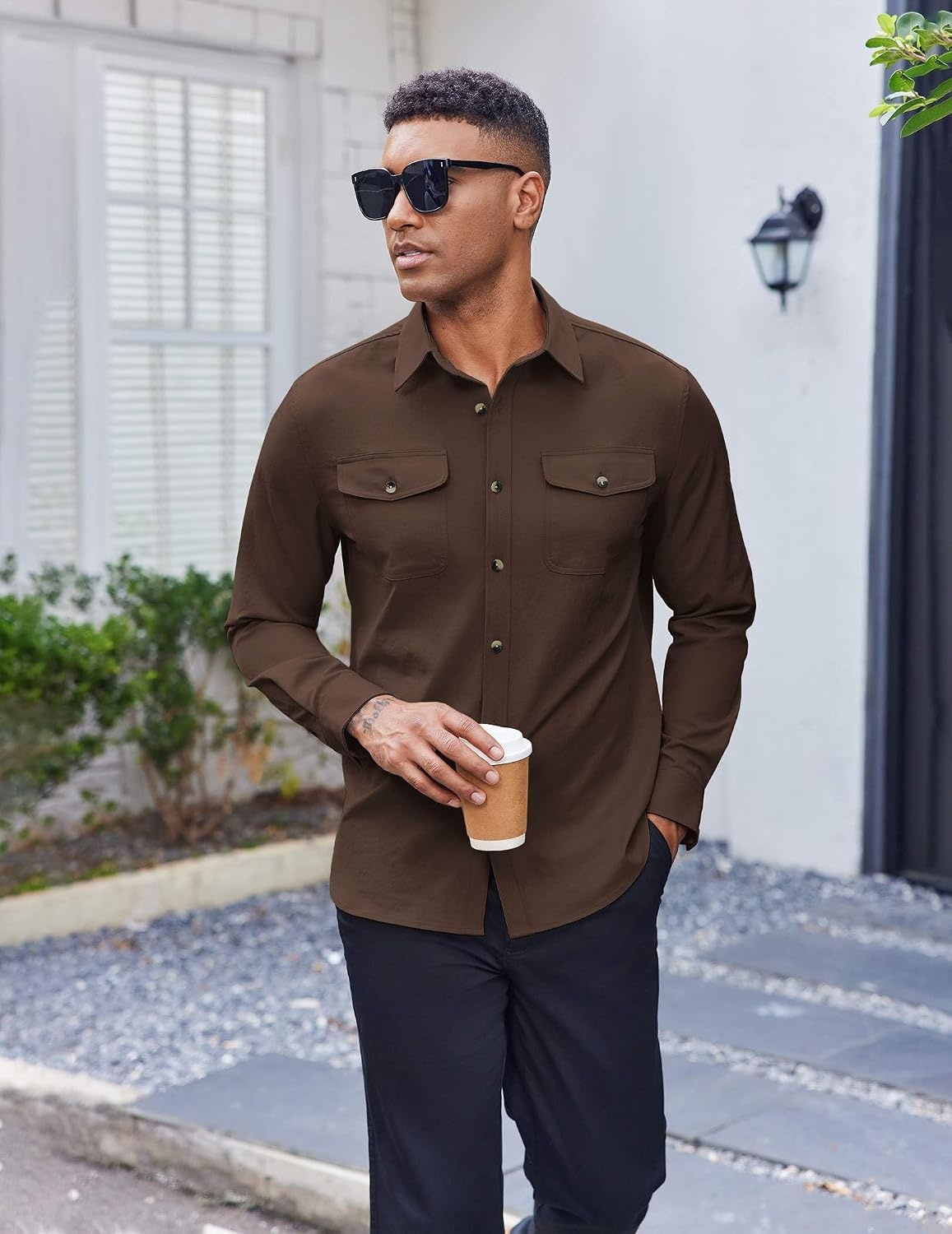 image:imageCOOFANDY Mens Long Sleeve Button Down Work Shirt with Flap PocketsDark Brown