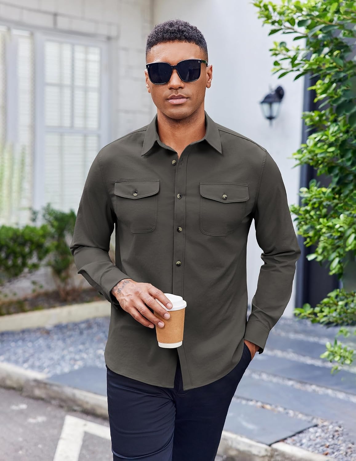 image:imageCOOFANDY Mens Long Sleeve Button Down Work Shirt with Flap PocketsDark Green