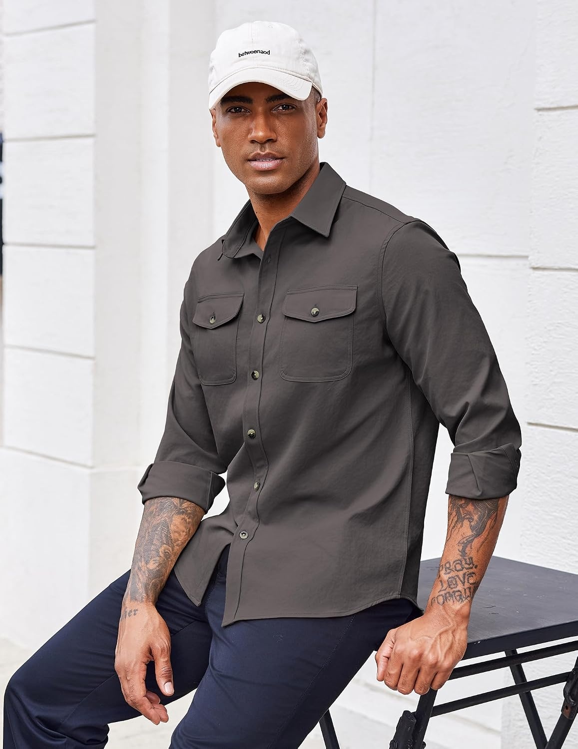 image:imageCOOFANDY Mens Long Sleeve Button Down Work Shirt with Flap PocketsDark Grey