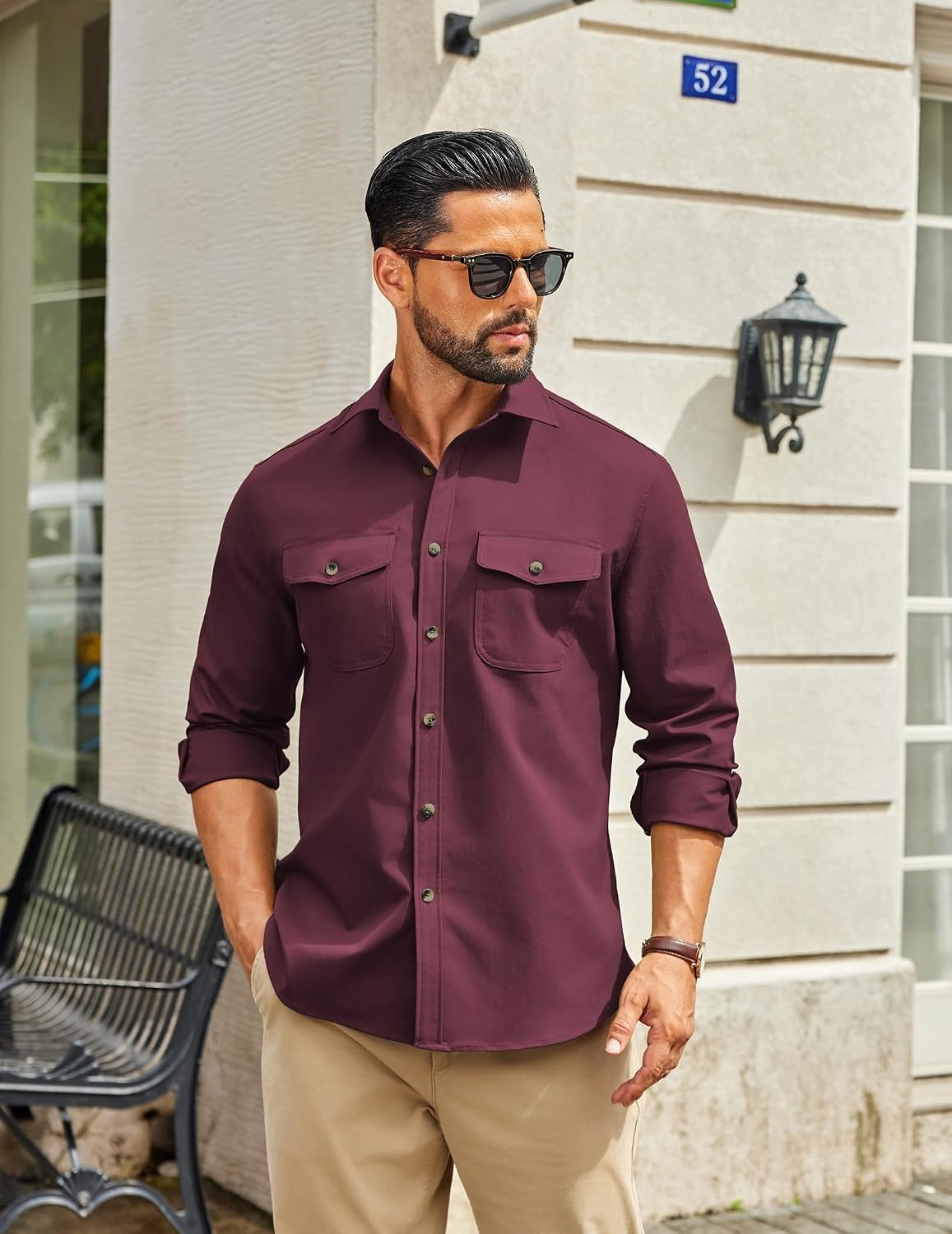 image:imageCOOFANDY Mens Long Sleeve Button Down Work Shirt with Flap PocketsDark Red
