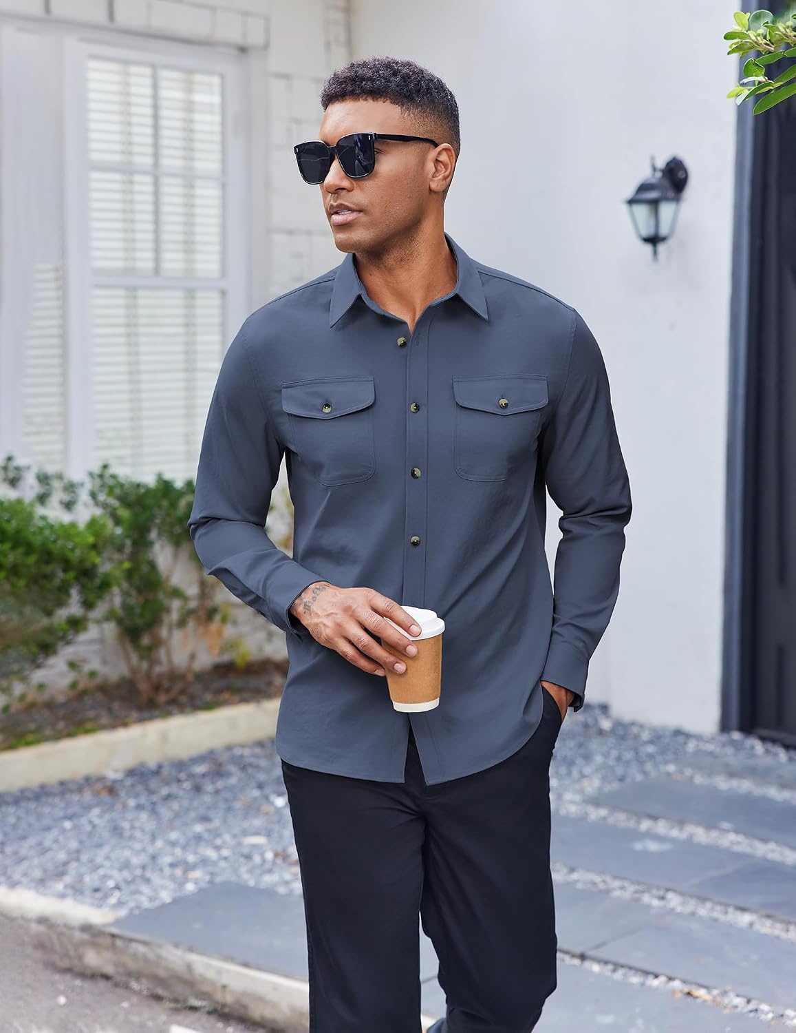 image:imageCOOFANDY Mens Long Sleeve Button Down Work Shirt with Flap PocketsGrey Blue